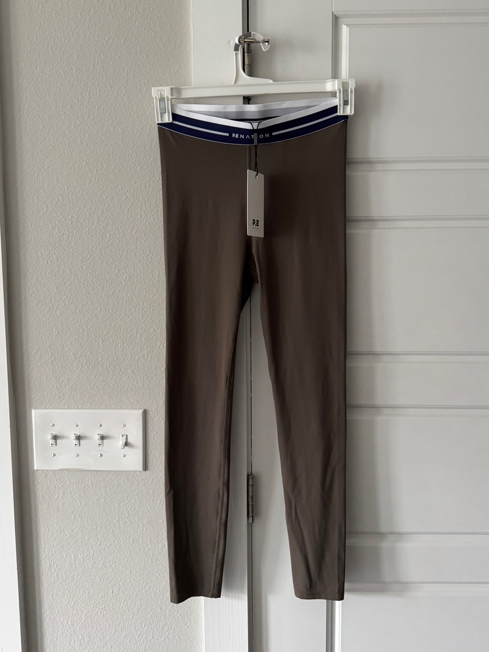 P.E Nation Gray Leggings with Navy & White Waistband